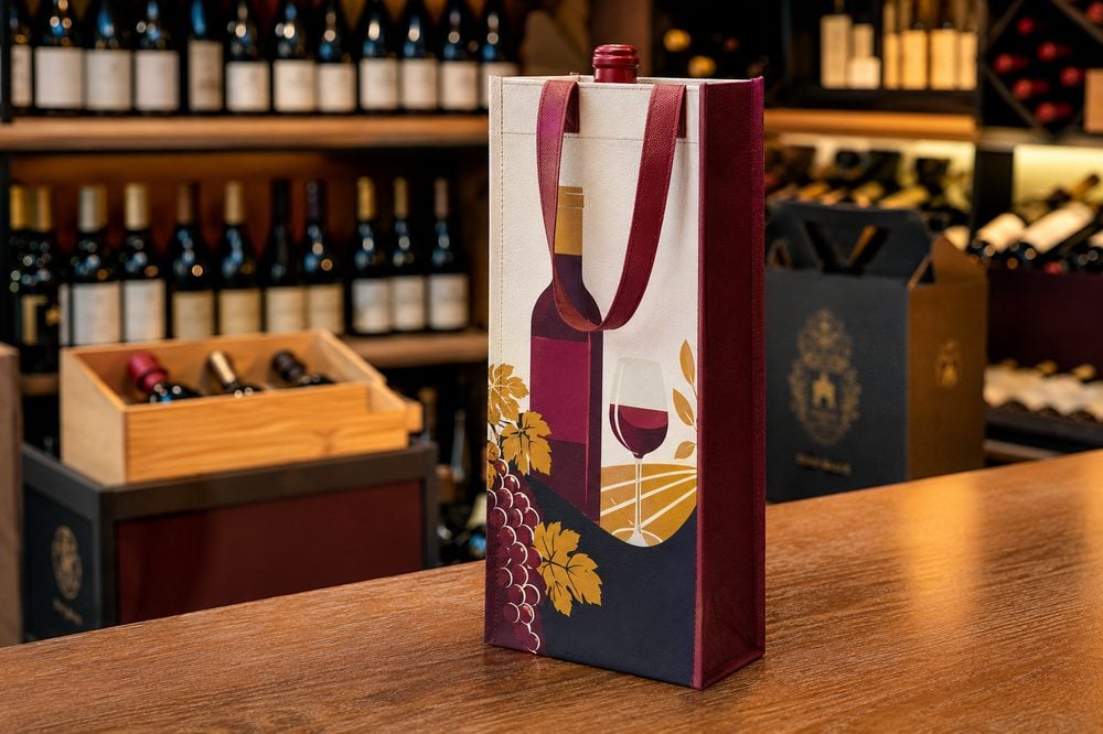 Custom non-woven polypropylene wine bag with a full-color printed logo and reinforced handles