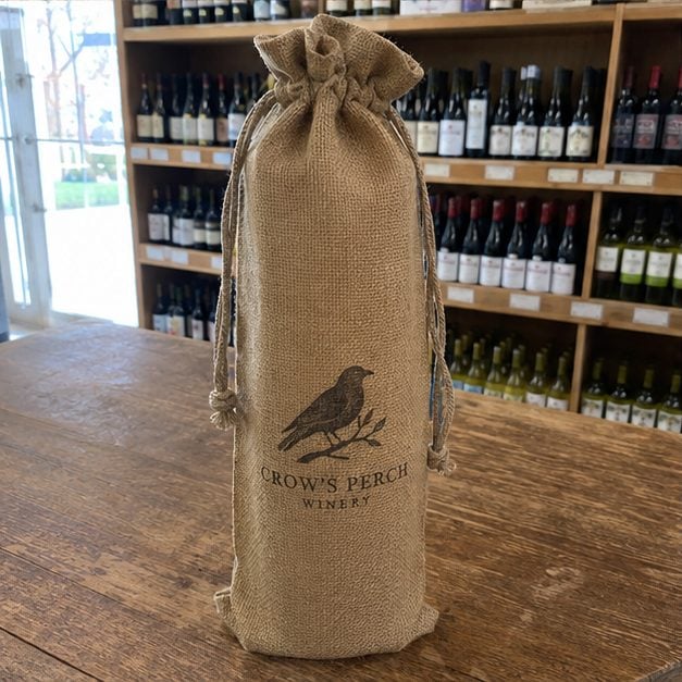 Custom jute burlap wine bag with a natural rustic weave and printed vineyard logo