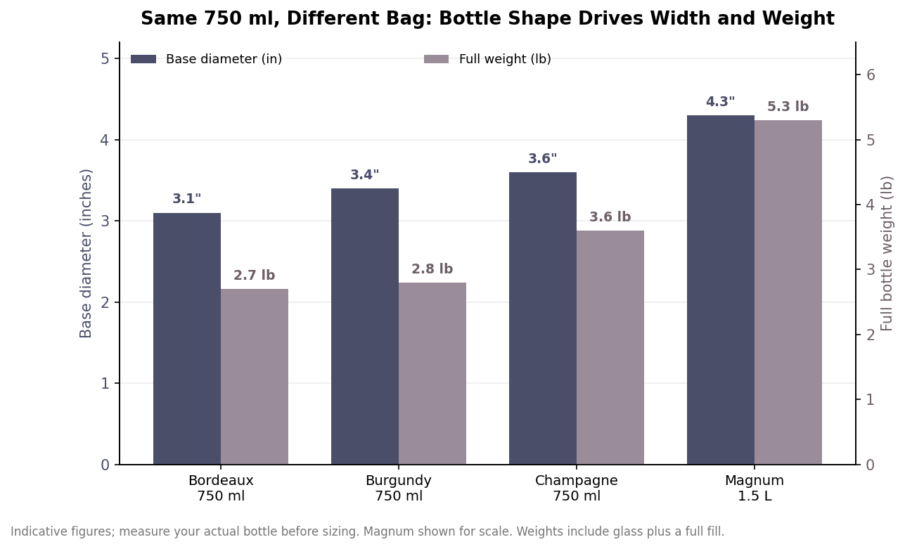 Grouped bar chart comparing base diameter and full weight of Bordeaux, Burgundy, Champagne and magnum bottles