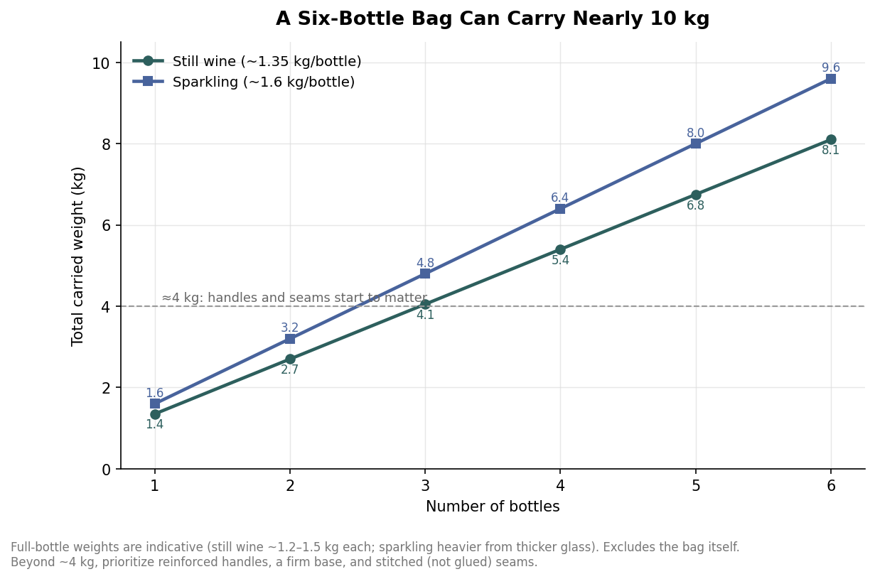 Line chart of total carried weight versus number of bottles for still wine and sparkling wine, up to six bottles